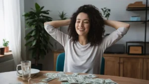 a happy women sitting to a dinning table who has earned through online means and now she has enough money to spend